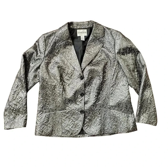 Chico's Y2K Vintage Dark Silver Gray Metallic Jacquard Textured Jacket Blazer 3 - Picture 4 of 12